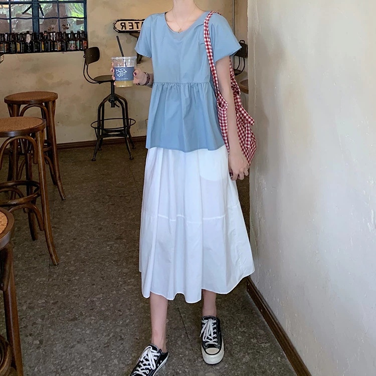 Set Áo Thắt Nơ Sau Thô Mềm Mix Chân Váy Tầng Ulzzang Đũi Lạnh Phong Cách Hàn Quốc