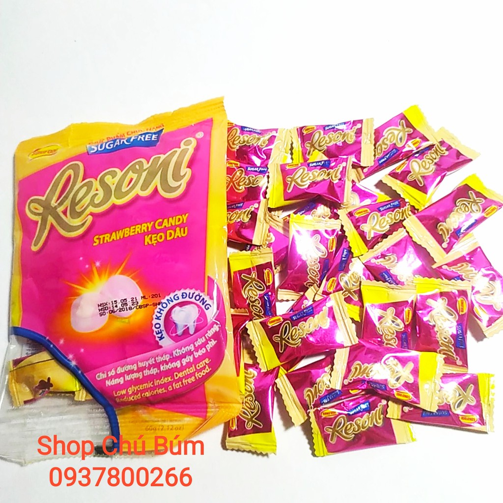 [ HCM Giao Hỏa Tốc] Kẹo Dâu không đường Resoni túi 60g-  Kẹo dành cho người tiểu đường, ăn kiêng