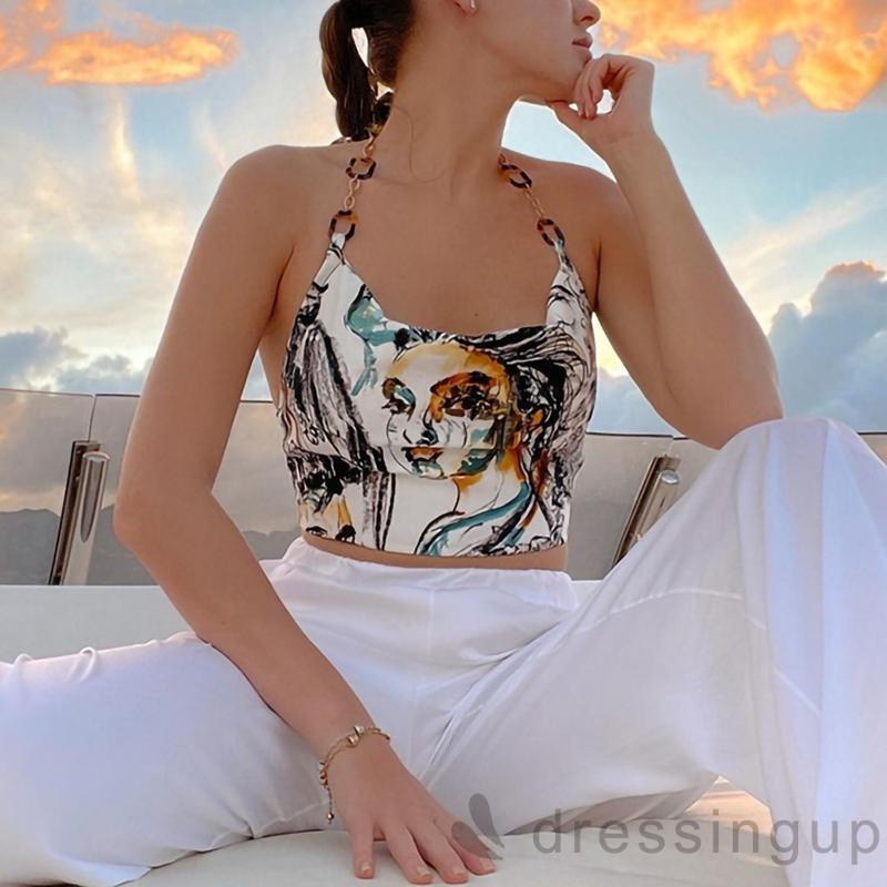 Áo dây phối dây xích cổ yếm hở lưng in họa tiết chân dung quyến rũ thời trang cho nữ