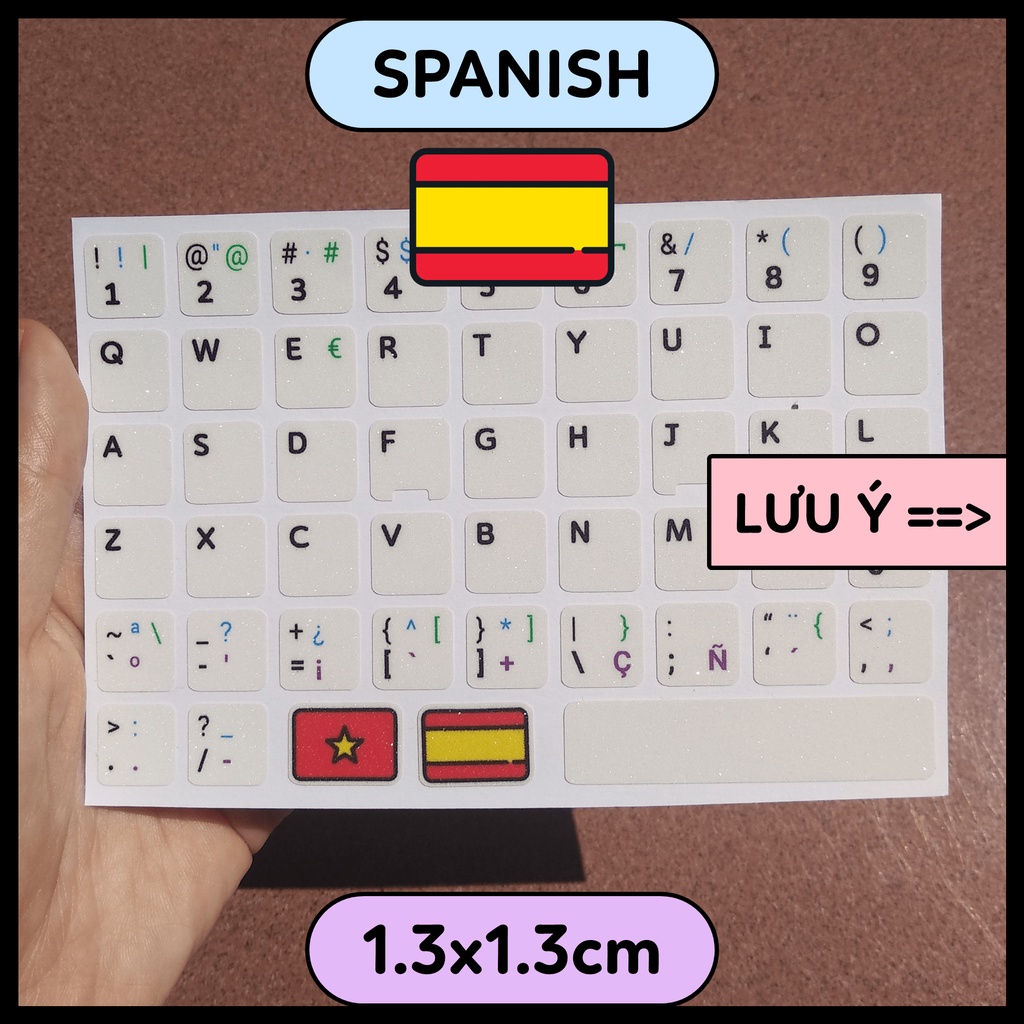 1.3cm SPANISH Miếng dán bàn phím song ngữ tiếng Tây Ban Nha lấp lánh sticker keyboard máy tính laptop