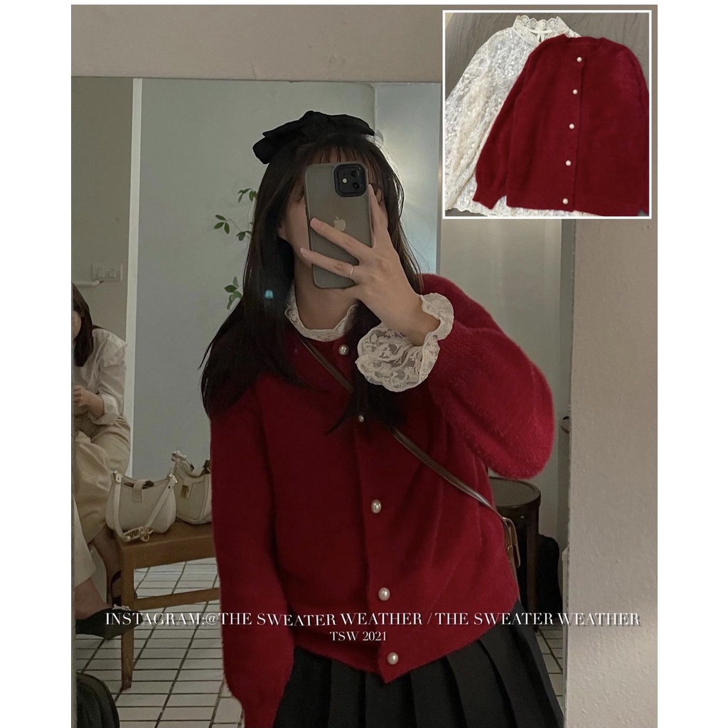 Set áo len đỏ diện noel, giáng sinh, Set cardigan lông thỏ cúc ngọc kèm áo ren tay xoè trắng