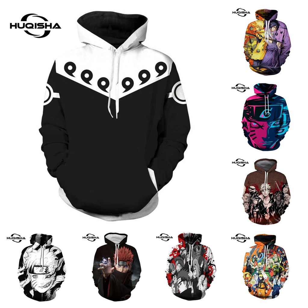 Áo hoodie HUQISHA cổ dây rút in họa tiết Naruto Akatsuki anime thời trang mới dành cho nam