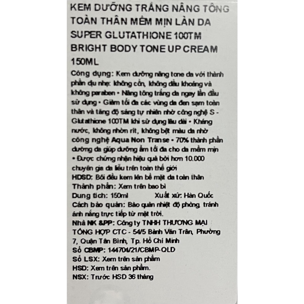 Kem Dưỡng Trắng Body Sur Medic Super Glutathione 100 Bright Tone Up Cream 150ml