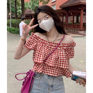 Áo trễ vai croptop kẻ caro nữ tính bánh bèo màu đỏ kèm ảnh thật