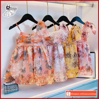 Đầm váy hoa chất voan tơ mềm, kiểu lệch vai tiểu thư sang chảnh cho bé gái 8kg - 18kg _ HC07