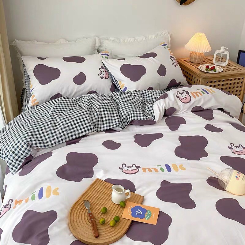 Bộ chăn ga gối Cotton poly M2T bedding Bò Milk tím, vỏ chăn mền, drap giường và 2 vỏ gối