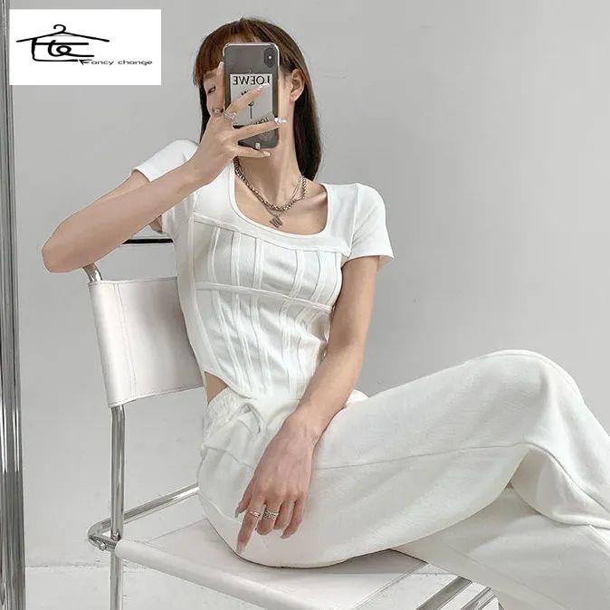 Áo Thun Ngắn Tay Dáng Ôm Thiết Kế Hình Xương Cá Phong Cách Mỹ Quyến Rũ