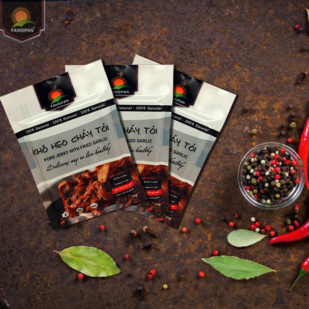 KHÔ HEO CHÁY TỎI Fanxipan thượng hạng loại 50g, gói heo khô cháy tỏi thơm ngon đậm vị, khô heo loại 1 đảm bả | BigBuy360 - bigbuy360.vn