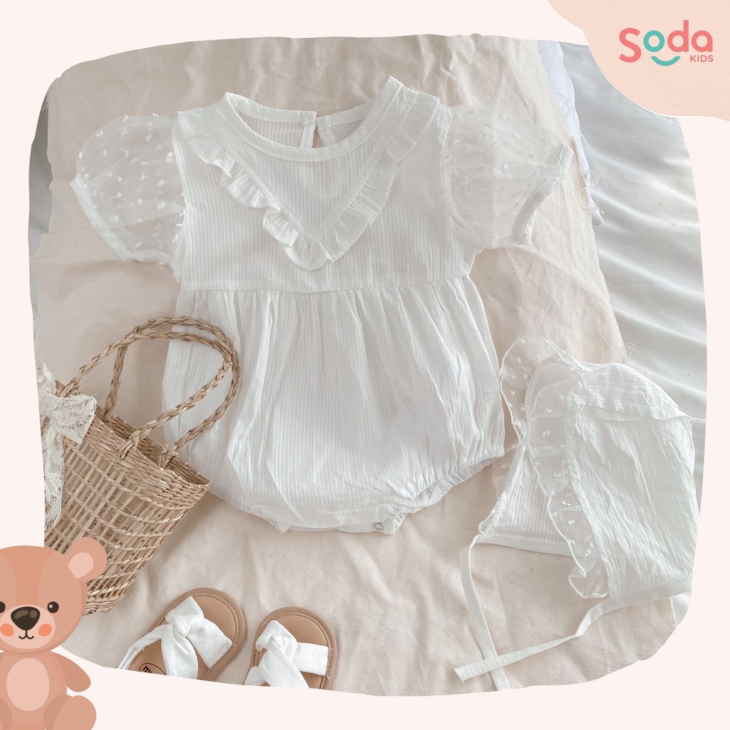 Bộ liền bé gái SODA KIDS viền bèo tay voan công chúa kèm mũ babydoll, chất liệu thô mềm, mỏng, nhẹ