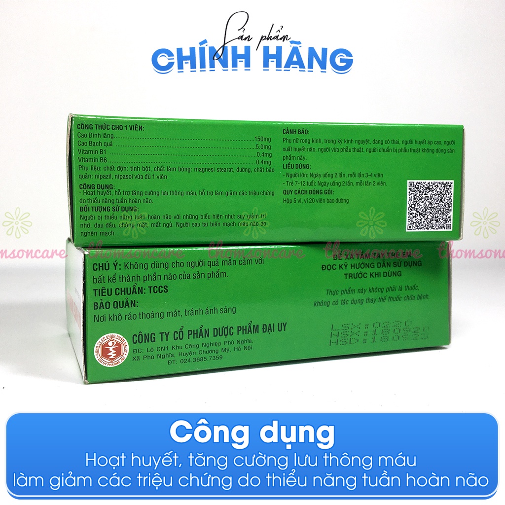 Hoạt huyết dưỡng não - Hộp 100 viên bao đường - tuần hoàn não, Dược Đại Uy, từ đinh lăng, bạch quả