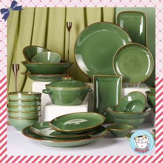 Bộ đĩa men sứ Olive cao cấp men bóng xanh lá thủ công - Vietnam Handicraft KITCAT STORE