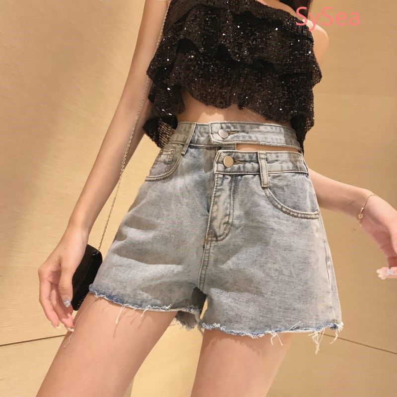 Quần Short Denim Lưng Cao Ống Rộng Cho Nữ