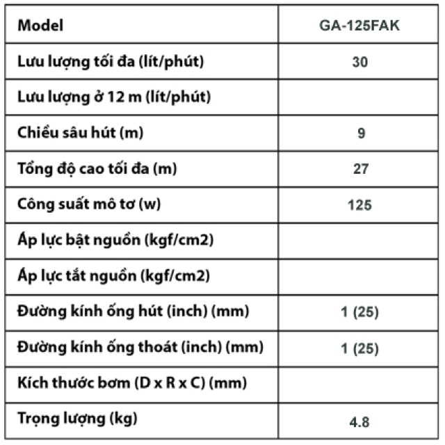 Máy Bơm Tăng Áp PANASONIC GA-125FAK(125w), chiều sâu hút 9m, độ cao tối đa 27m