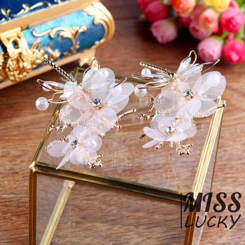 Set kẹp tóc hình chuồn chuồn đính hoa và ngọc trai độc đáo