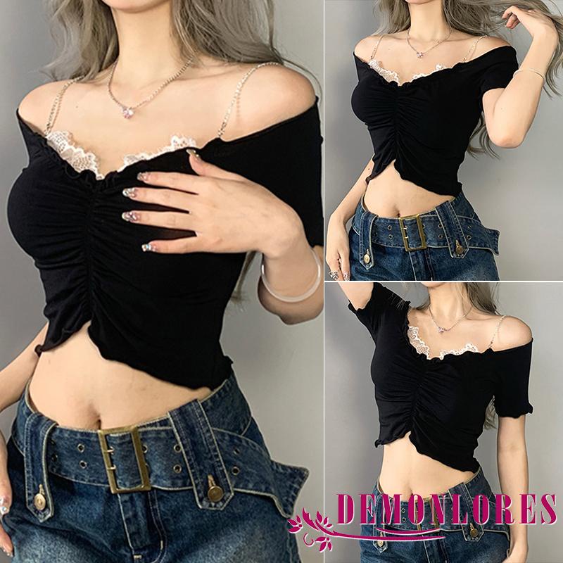 Áo Thun Tay Ngắn Cổ Chữ V Phối Ren Dáng Ôm Thời Trang Cho Nữ