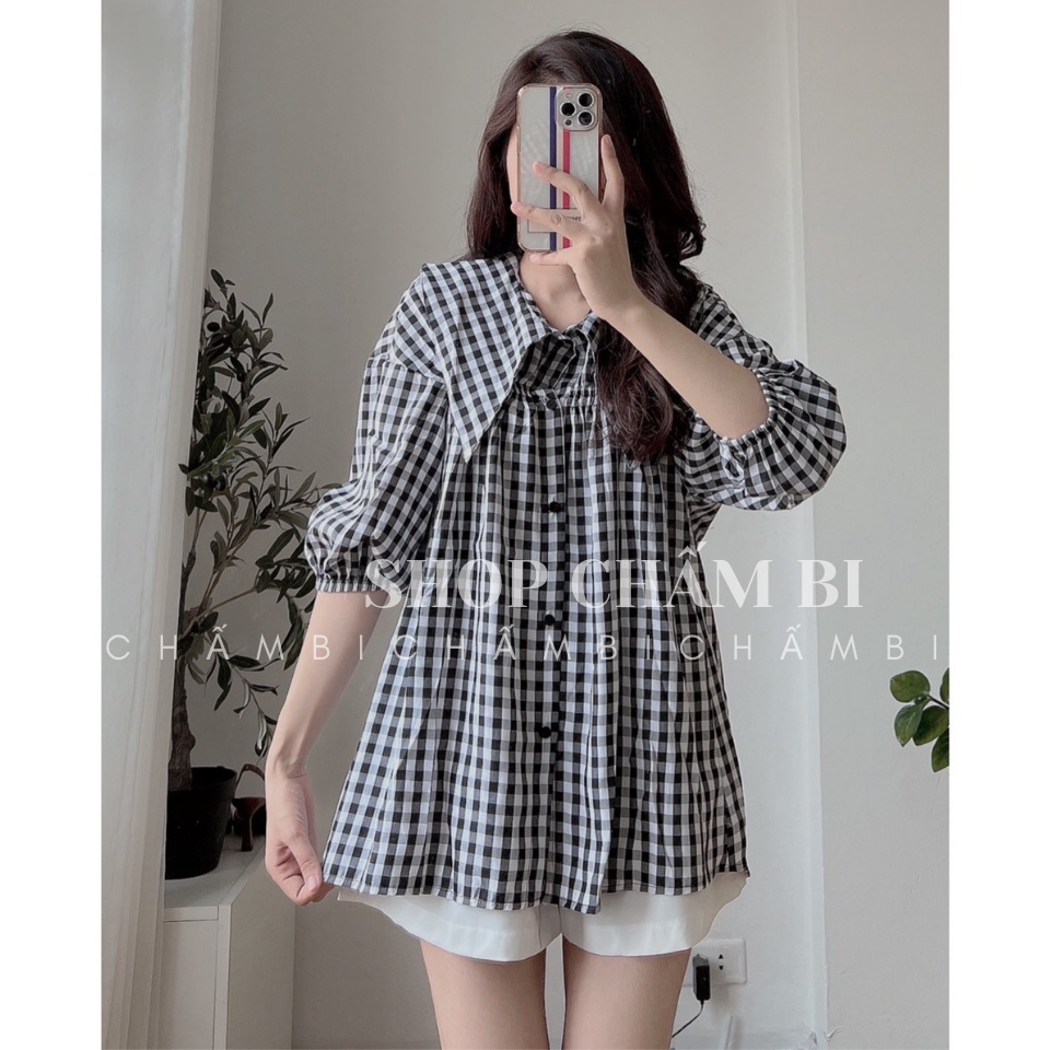 Áo sơ mi cách điệu A.317, Áo kiểu dáng dài cổ nhọn Gothic tay lỡ bo chun nhún ngực 2 màu điệu đà - Thời trang nữ Chấm Bi | BigBuy360 - bigbuy360.vn