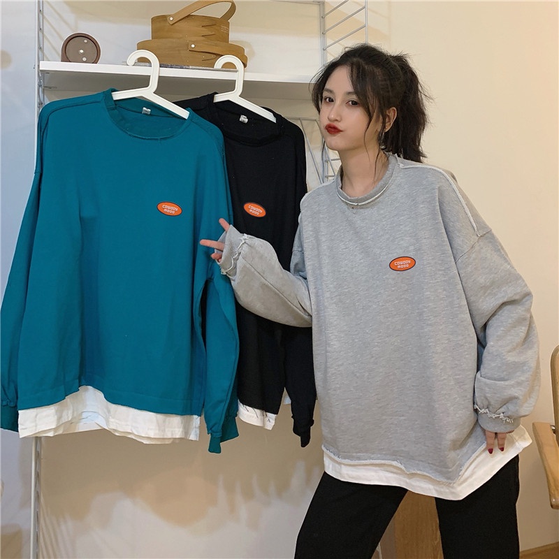 Áo Sweater cổ tròn dáng rộng giả nhiều lớp cá tính kiểu hàn quốc