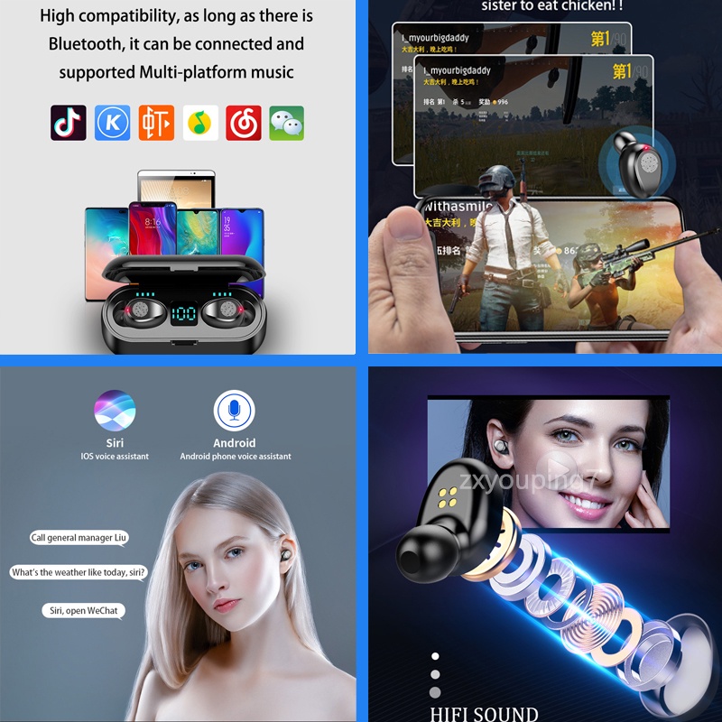 tai nghe bluetooth F9 TWS 5.0 ko dây cảm ứng chống nước , ồn tích hợp sạc dự phòng 2500mAhtáo/Android/xiaomi/OPPO