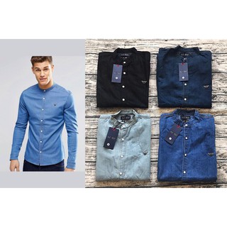 Sơ mi Armani - Grandad Collar Denim Shirt - Silver tag