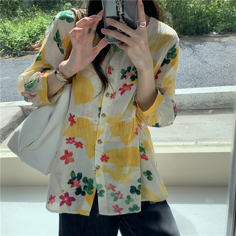 SUXI Áo Kiểu Tay Dài Cổ Tròn Hoạ Tiết Hoa Phong Cách Hàn Quốc
