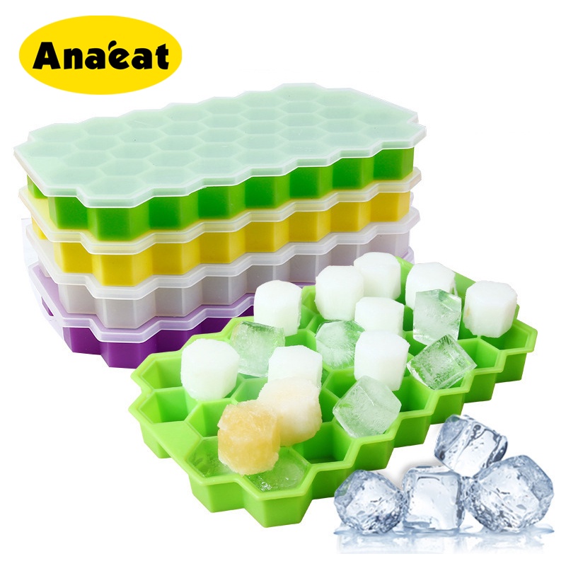 Khay silicone làm đá cục ANAEAT uống cocktail whiskey kiểu tổ ong 37 ngăn có nắp đậy
