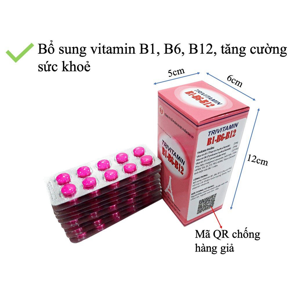 Viên uống Trivitamin B1,B6,B12 hỗ trợ giảm đột quỵ, tăng hệ miễn dịch, đẹp da, đẹp tóc