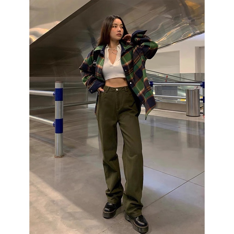 Quần kaki jean xanh rêu ống rộng,dáng suông phong cách Ulzzang hàn quốc nặng động trẻ trung-Minxy shop