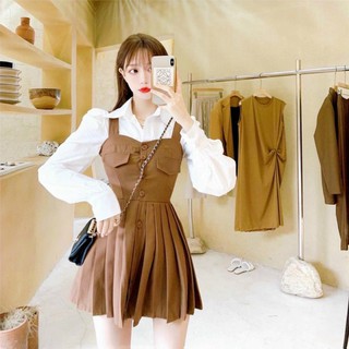 Set thời trang nữ, áo sơ mi tay búp dáng dài kèm váy yếm xòe sang chảnh, phong cách thời trang trẻ trung, cá tính