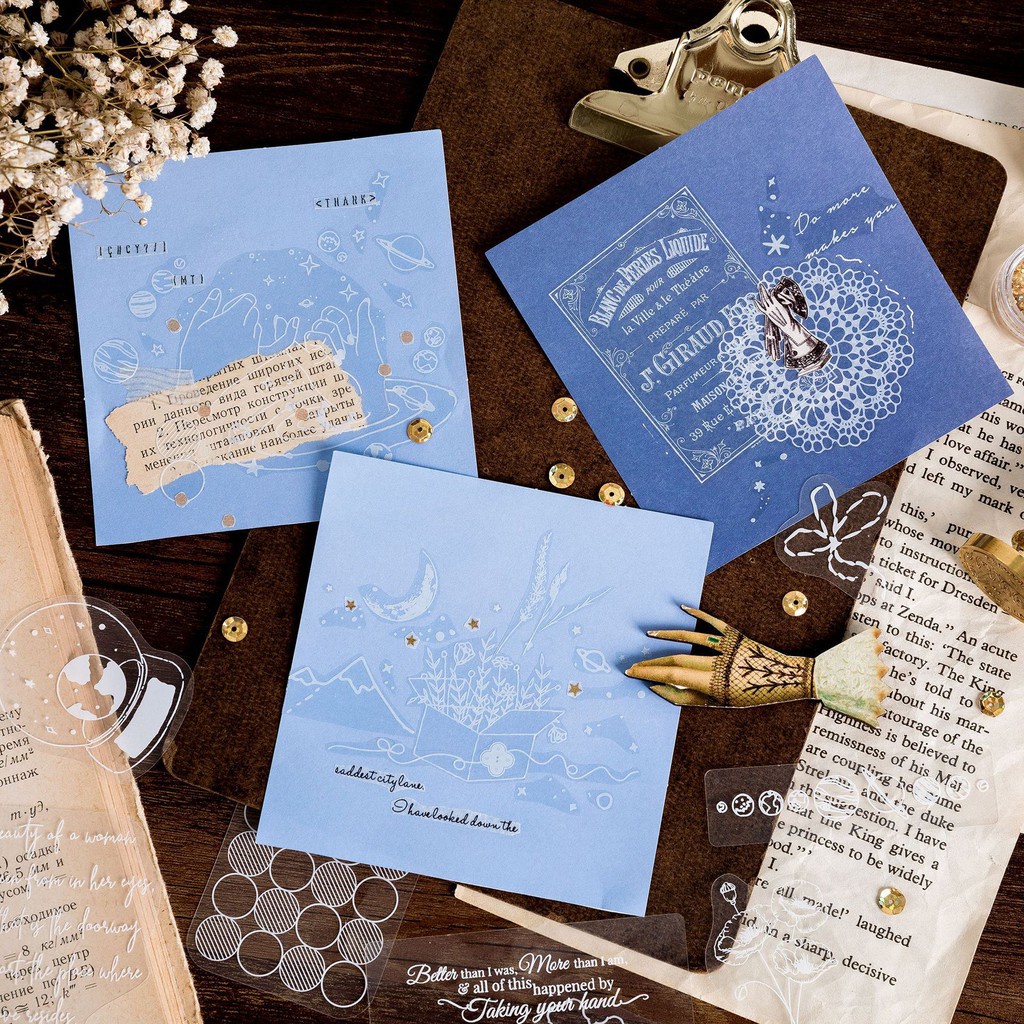 Bộ 40 sticker trong suốt STI010 cỡ lớn hình ren, hoa văn Vintage, quotes làm bullet journal, sổ tay
