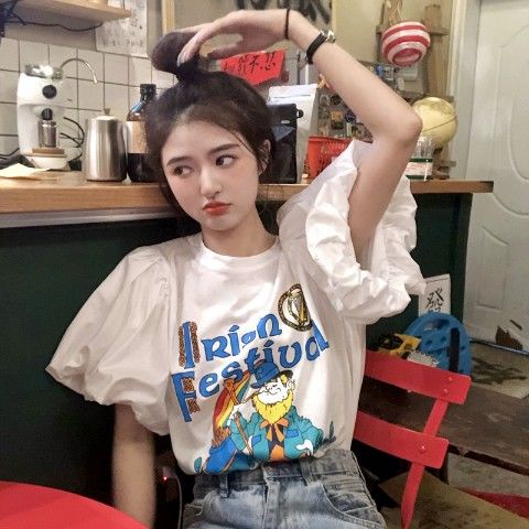 Áo thun tay ngắn màu trắng dáng rộng phong cách Hàn Quốc thời trang cho nữ