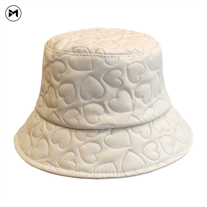 Mũ Bucket Chất Liệu Da PU Cao Cấp Họa Tiết Dập Nổi Hình Trái Tim Phong Cách Hàn Quốc Cho Nữ