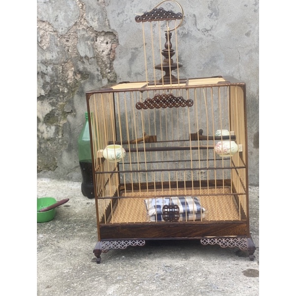 Lồng Chim chào mào vuông đấu gỗ muồng đen triện kim tiền cao cấp