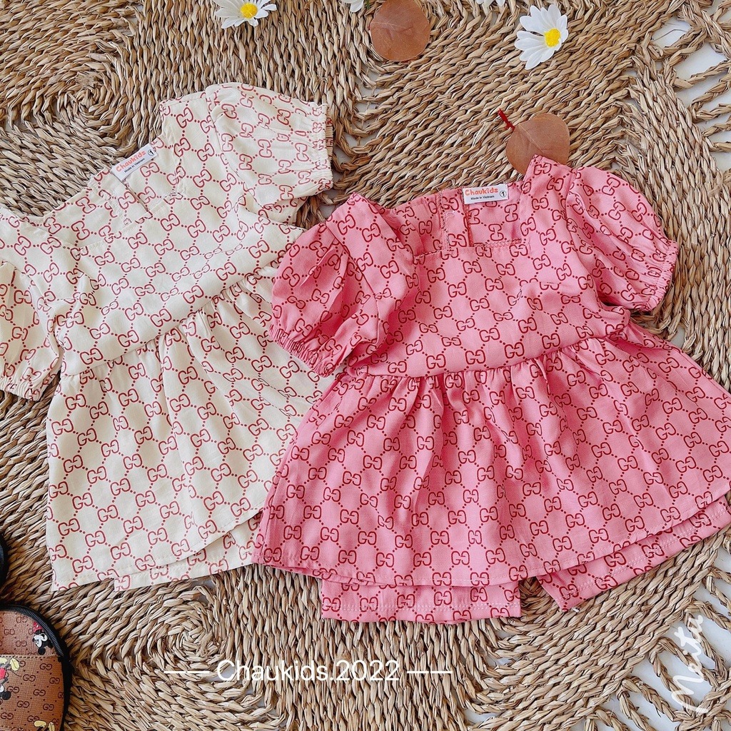 Bộ cộc tay bé gái, cặp bộ Gucc in tràn dáng babydoll tay bồng cho bé