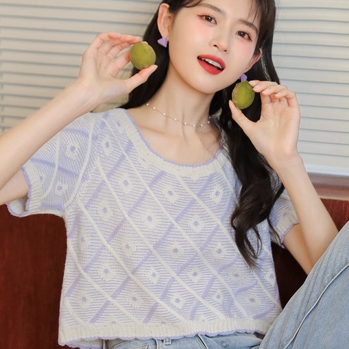 【ZHELIHANGFEI】Áo Thun Dệt Kim Ngắn Tay Form Rộng Thời Trang