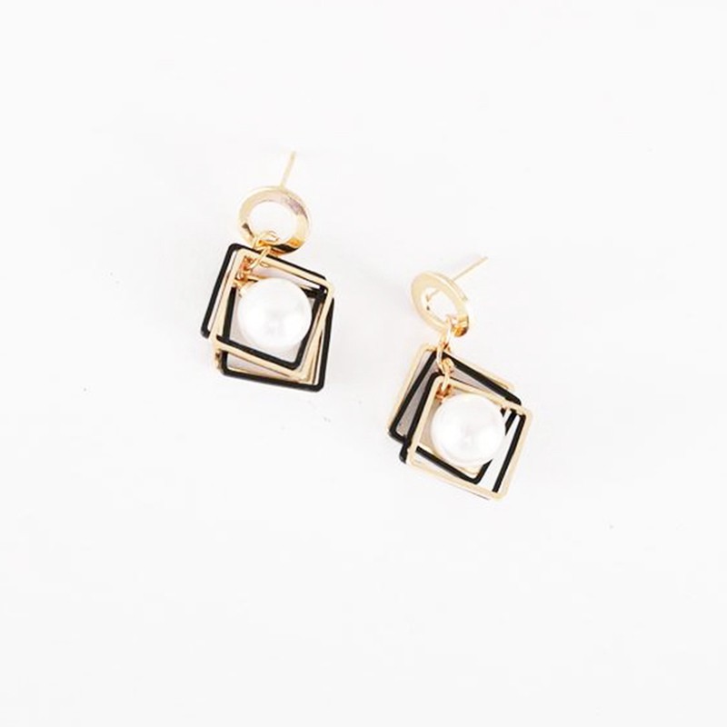 Hoa tai dáng dài hình vuông gắn hạt ngọc trai nhân tạo màu trắng/đỏ xinh xắn cho nữ