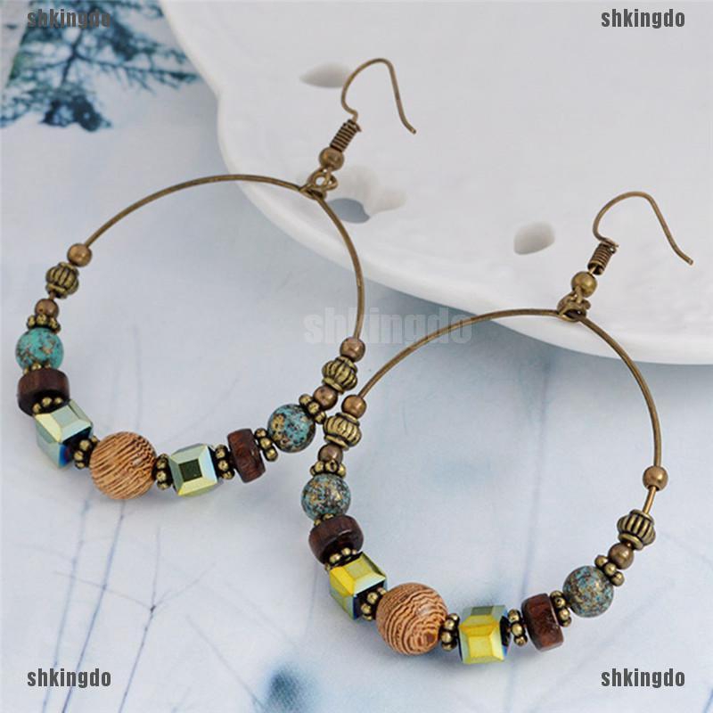 Khuyên tai tròn xỏ hạt phong cách boho cổ điển