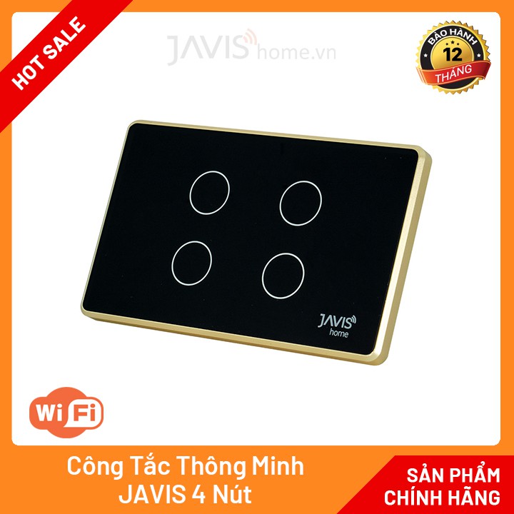 Công tắc cảm ứng thông minh JAVIS 4 Gang có viền vàng. Công tắc WIFI điều khiển bằng tiếng Việt, điện thoại, Google Home