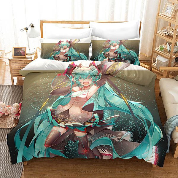 Bộ chăn ga và vỏ gối 3 trong 1 họa tiết hình Hatsune Miku dễ thương mới