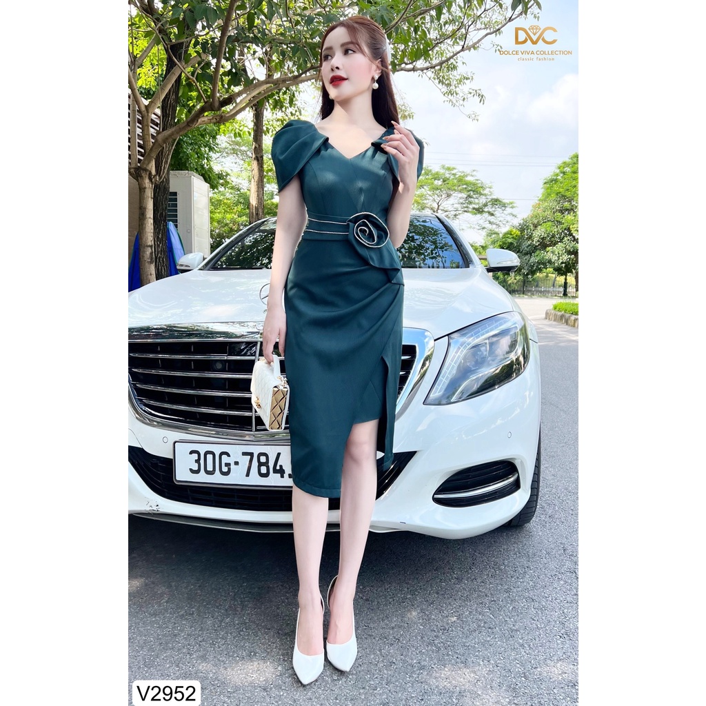 Váy xanh cổ v đính đá bèo eo V2952-DOLCE VIVA COLLECTION