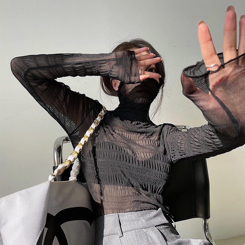 QKOOLE  Áo Lưới Mỏng Tay Dài Dáng Ôm Quyến Rũ Thời Trang Cho Nữ Kiểu Hàn Quốc