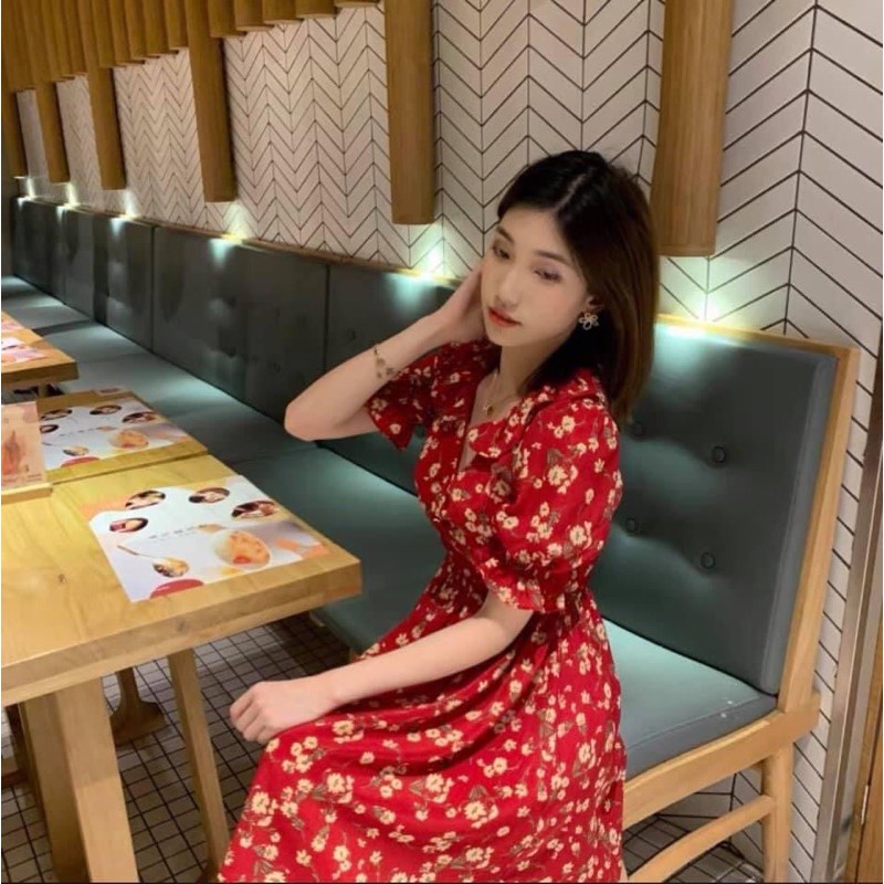 🍓 Váy hoa đỏ cổ V vintage🍓 | BigBuy360 - bigbuy360.vn