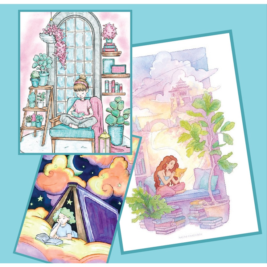 Bộ tranh tô màu nước Ggirl and book