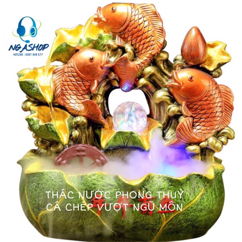 Thác nước phong thuỷ để bàn và đài phun nước lá sen với cá chép vượt ngũ môn màu vàng ,kích thước 29 x 20 x 31cm