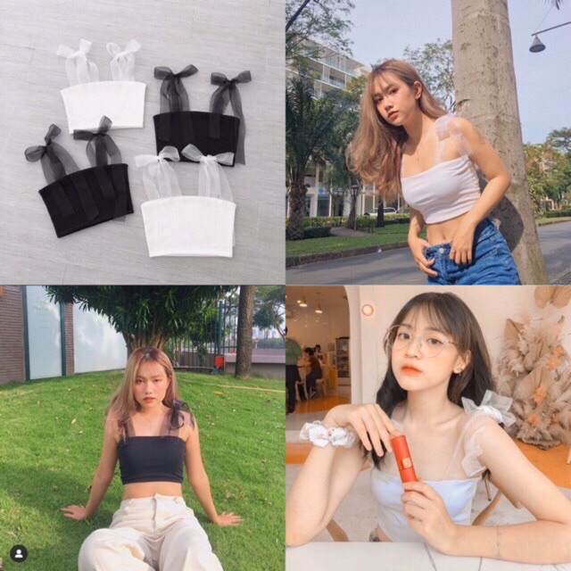 Áo croptop 🌸FREESHIP🌸 Áo croptop nữ 2 dây quây ngực dây voan hai màu đen/trắng