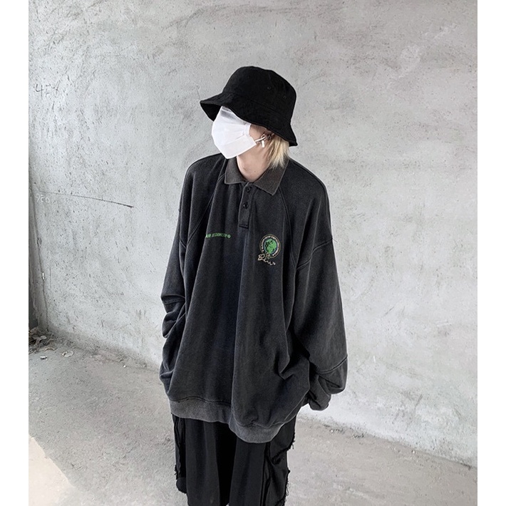 Áo nỉ polo sweater Rockboiz màu đen wash