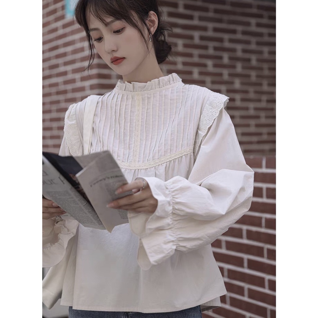 Áo sơ mi viền bèo ren ngực tay phồng - Áo babydoll cánh tiên viền ren bo tay