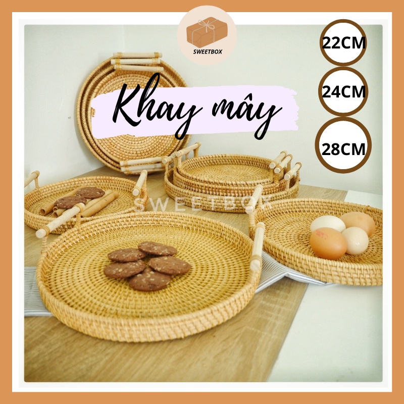 Khay Trà Mây Tròn Có Tay Cầm Đựng Bánh Trái Decor - Dĩa Mây Tròn Nhiều Size - Khay Mây Guột Hàng Thủ Công Trang Trí