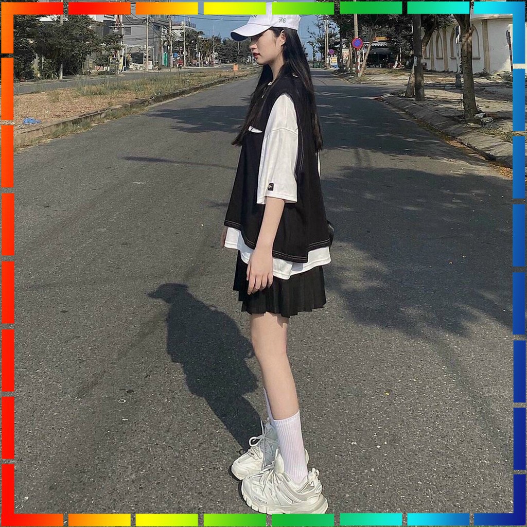 ( ẢNH THẬT ) - SET ÁO THUN TRẮNG TAY LỠ MIX ÁO GILE RÁCH NGỰC RETRO HÀN QUỐC CHẤT COTTON MÁT CỰC ĐẸP
