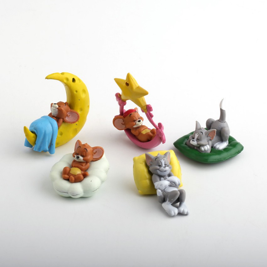 Bộ 5 mô hình trang trí Tom &amp; Jerry ngủ dễ thương (2-5 cm) bằng nhựa đặc làm đồ chơi quà tặng hoạt hình Anime giá rẻ