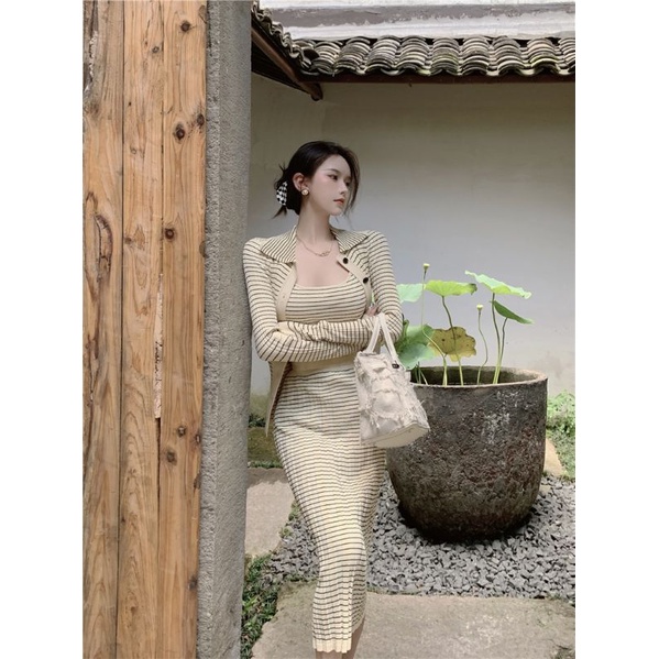 ❤od 2-3 tuần❤set váy kẻ ngang 3 món
